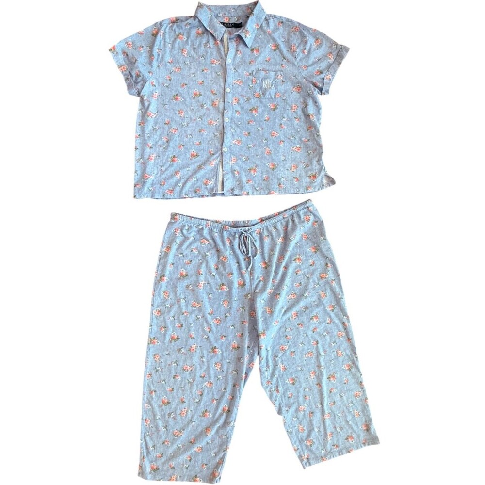 Lauren Ralph Lauren Blue Floral Short Sleeve Cropped Pajama Set. Large.